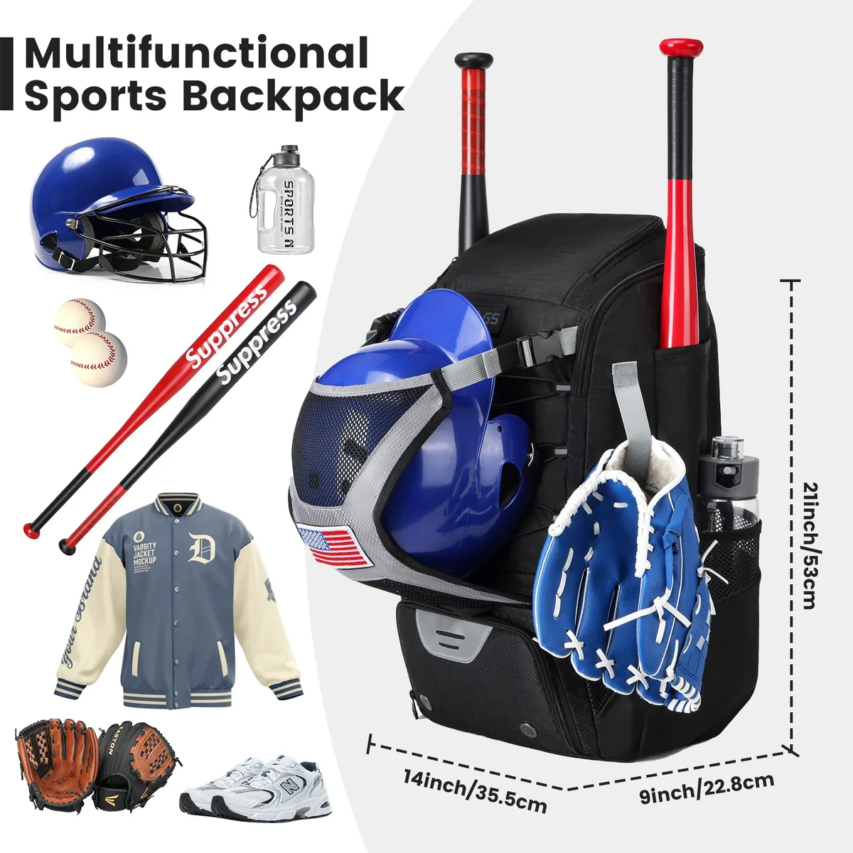 sac à dos d'équipement de softball pour les jeunes, sac de baseball avec compartiment à chaussures, grande capacité, sport
