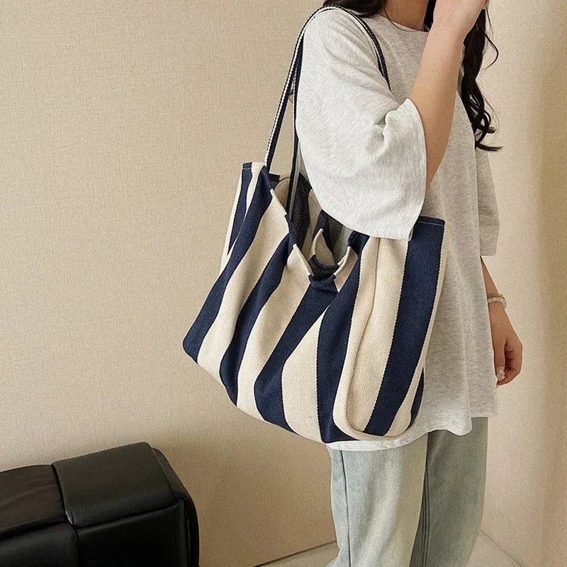 grande capacité style coréen rayure toile sac fourre-tout femme décontracté simple sacs à bandoulière shopping sac à main quotidien fourre-tout sac