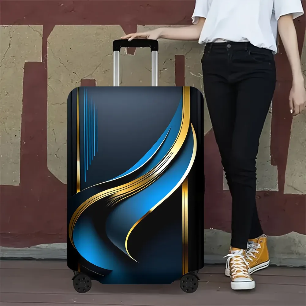 housse valise polyester motif lignes bleues dorées fond noir poignées noires format rectangulaire protection voyage