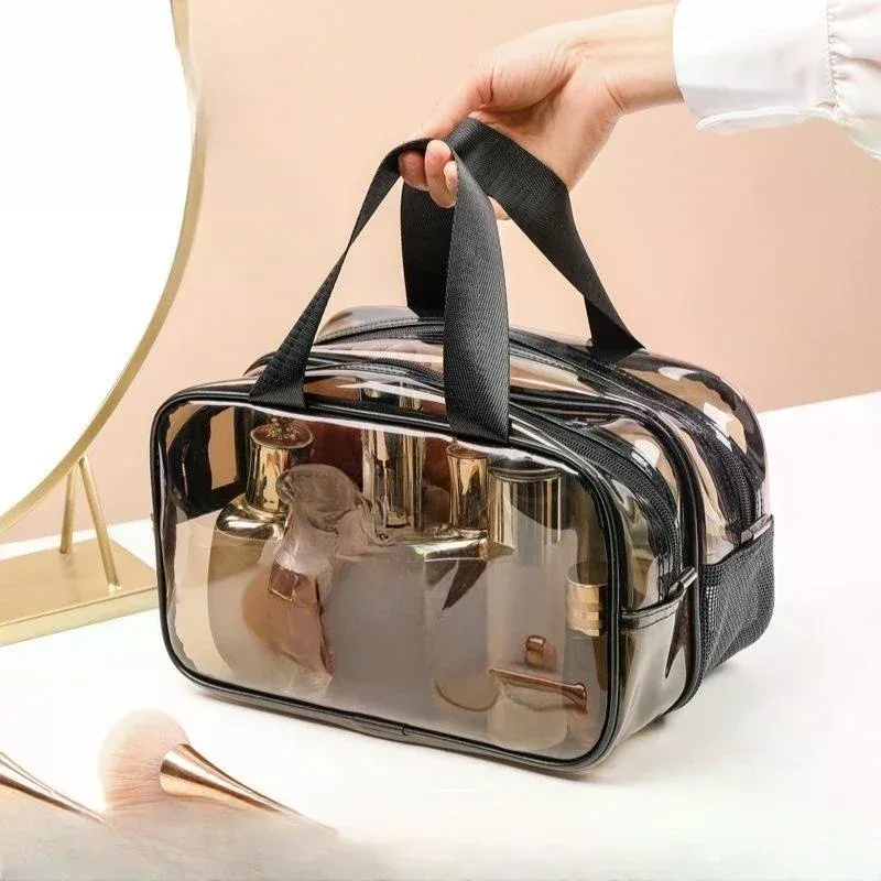 trousse toilette pvc translucide poignées noires multi poches séparation humide sec grande capacité voyage femmes