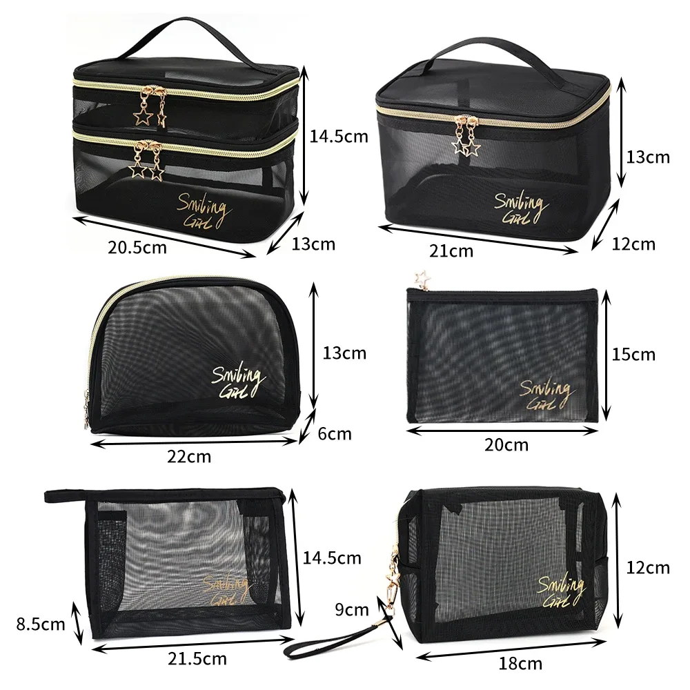 trousse de maquillage en maille noire de grande capacité, pochette de rangement, trousse de toilette décontractée à fermeture éclair, trousse de maquillage pour femmes, sac à cosmétiques de voyage