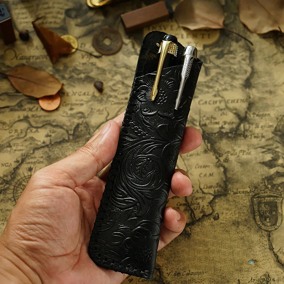 étui à stylos en cuir véritable fait main, cadeau créatif, style rétro simple et personnalisé, en cuir de vachette pleine fleur, housse de protection