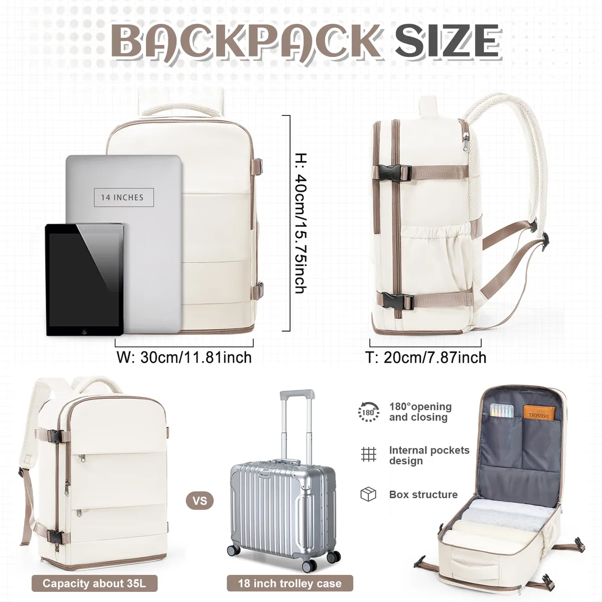 sac à dos de voyage pour femmes et hommes, bagage à main 40x30x20 pour ryanair, sac de voyage pour cabine, sac à dos pour l'université, sac pour ordinateur portable imperméable pour le travail