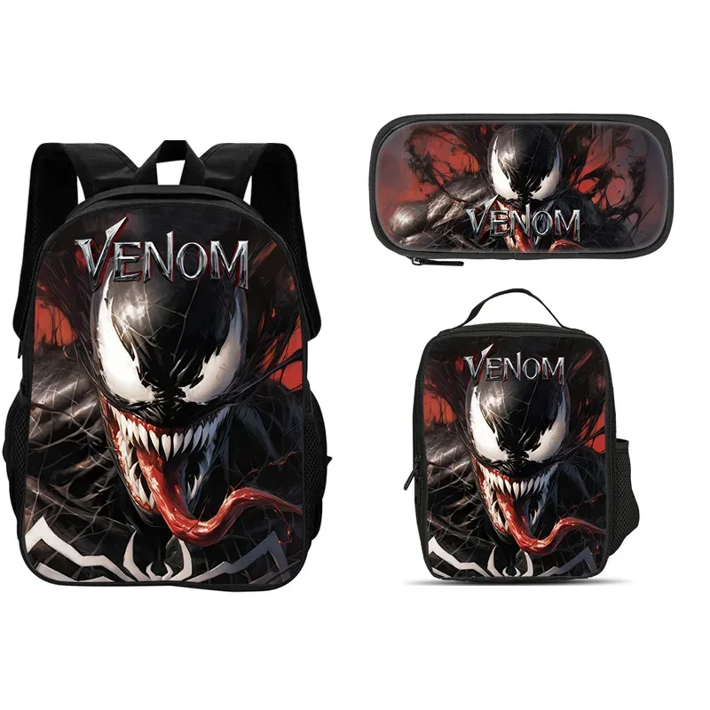ensemble de 3 pièces du film venom : sac à dos + sac à lunch + trousse à crayons, papeterie de voyage à la mode, cadeau pour enfants, école, polyvalent