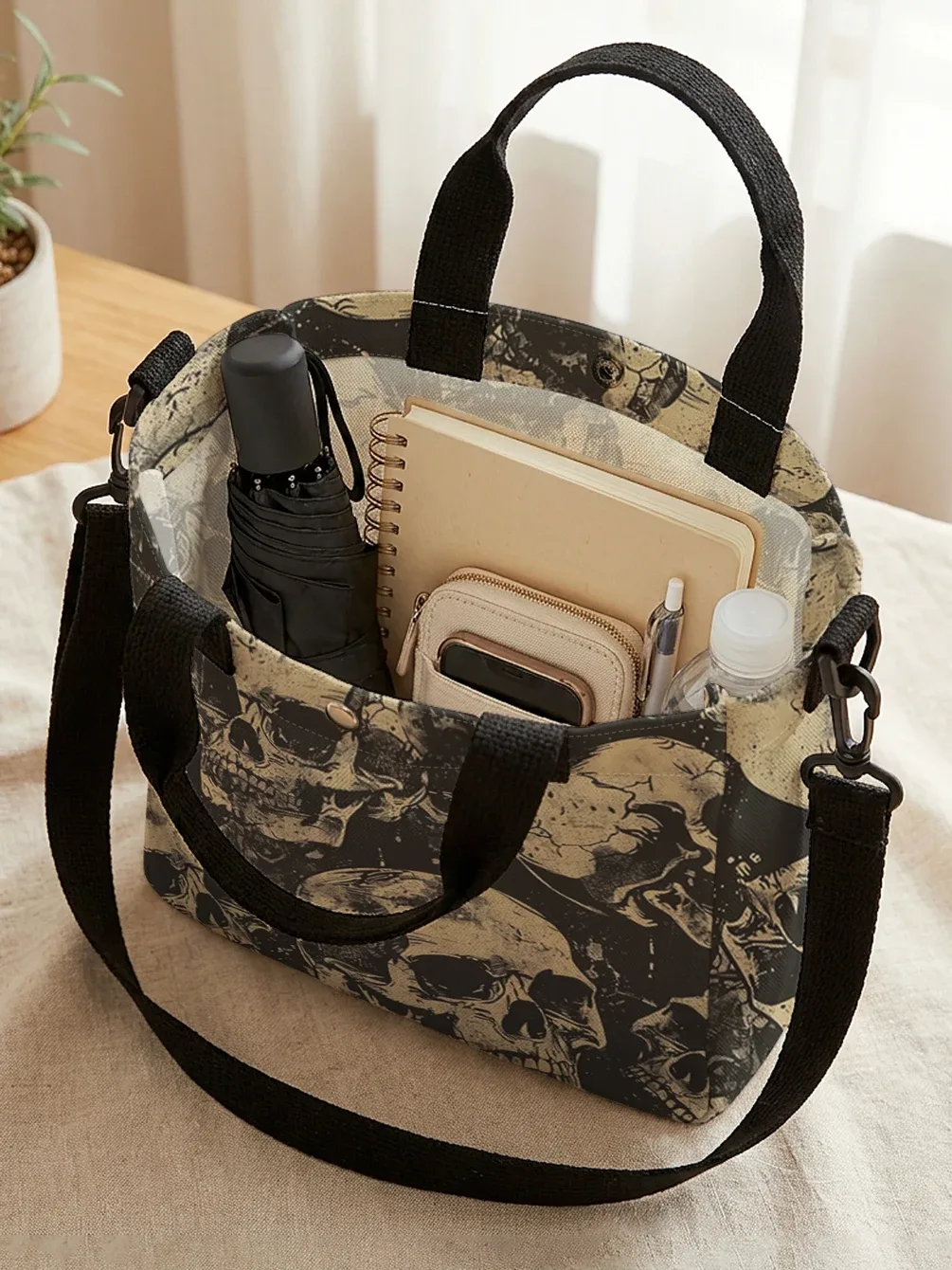 sac fourre-tout vintage imprimé crâne vieilli avec bandoulière amovible, sac à main bandoulière pour femme, idéal pour le shopping quotidien