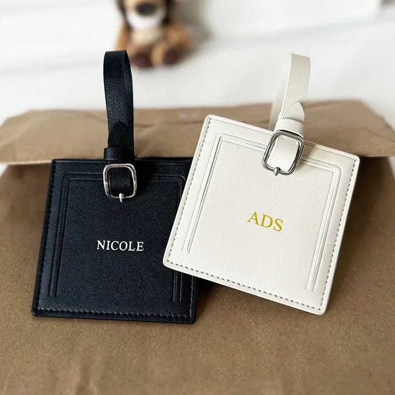 étiquette de bagage carrée en cuir véritable pour voyage, gravure, nom personnalisé, étiquette de valise ronde de luxe, sac à main pour femme, pendentif à breloque, cadeau