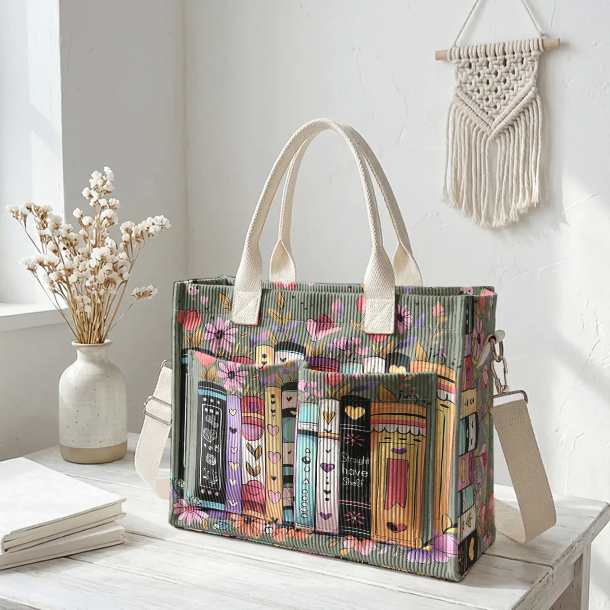 sac fourre-tout en velours côtelé imprimé livres et fleurs colorés, grande capacité, multi-poches, sac à bandoulière pour les trajets quotidiens