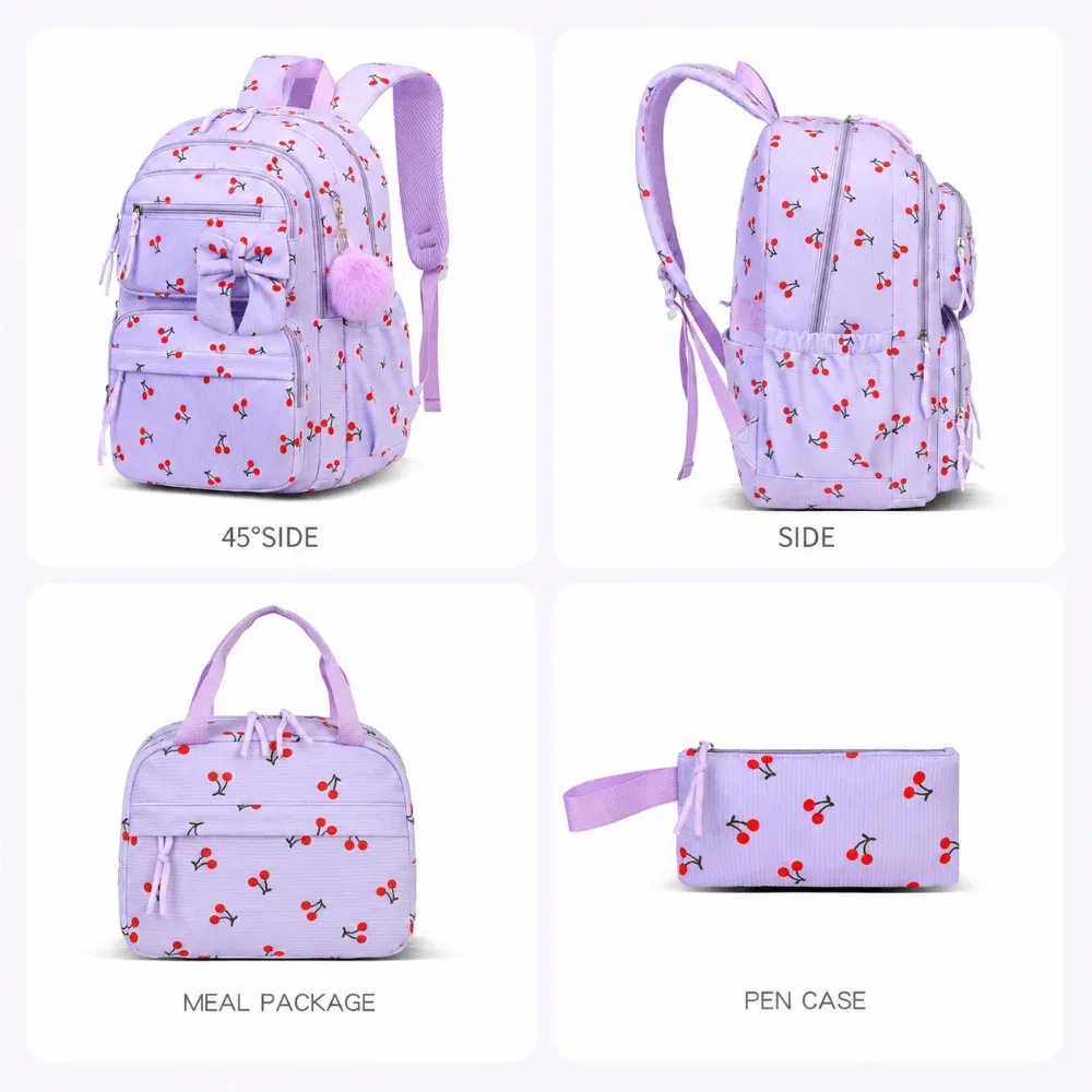 sac dos nylon dessin animé violet cerises rouges sac lunch boîte crayons poignees pompons compartiment isolant visibilite sécurité enfants