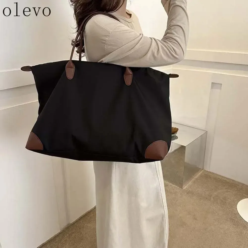 sac fourre-tout en nylon oxford imperméable de couleur unie, avec garniture en cuir coréen, sac à bandoulière sous le bras, pour les trajets quotidiens