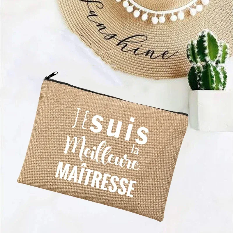 cadeau maitresse école cadeau maitresse trousse de maquillage sacs de maquillage en lin merci professeur impression française simple bracelet pochette plage papeterie stockage voyage organisateur étui cadeaux