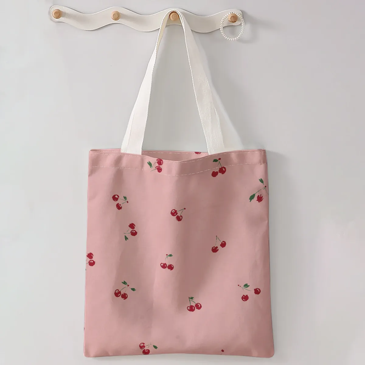 sac à main décontracté imprimé motif cerises, sac à dos réutilisable et tendance, sac à main multifonctionnel, sac de shopping en toile