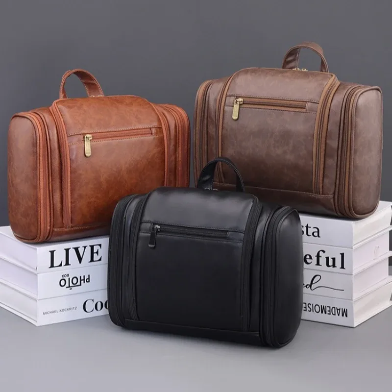 trousse de maquillage en cuir pu de grande capacité, organisateur de cosmétiques de voyage, pochette de toilette multifonctionnelle, mallette de rangement étanche pour unisexe