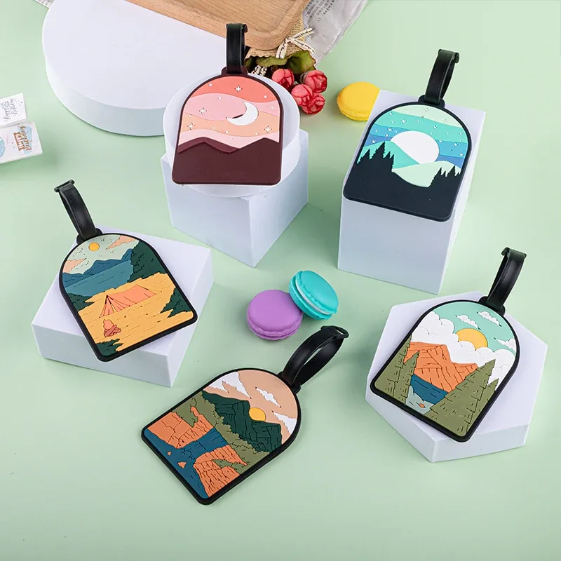 étiquette de bagage en pvc avec paysage de montagne et de nature, pour valise, sac de voyage et sac à dos, accessoire de voyage