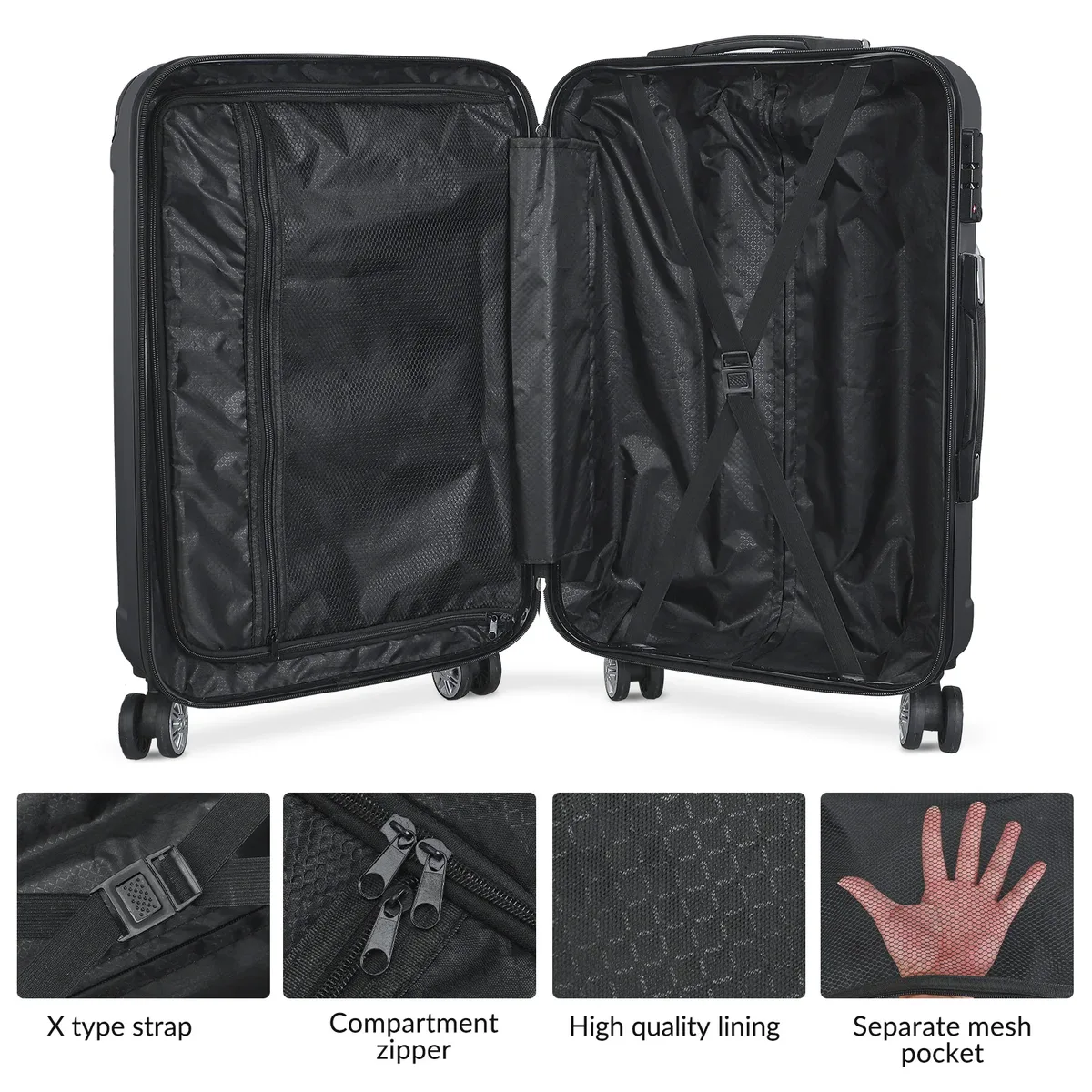 ensemble de bagages 3 pièces avec valises rigides, sacs de voyage légers en abs avec serrure tsa et 4 roulettes pivotantes, ensemble de valises moyennes et grandes format cabine, noir/gris