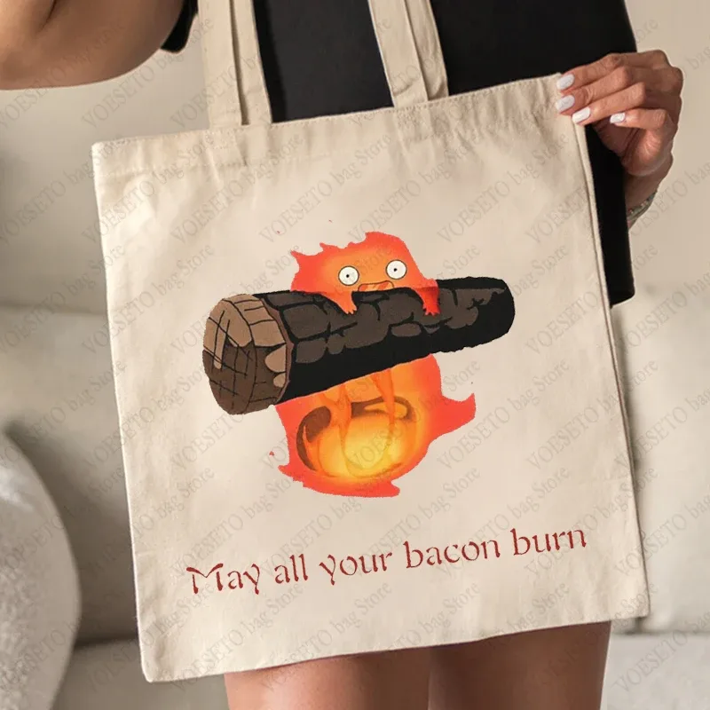 sac fourre-tout à motif may all your bacon burn, sacs à bandoulière en toile pliants tendance pour les déplacements quotidiens, sac de courses réutilisable pour femmes