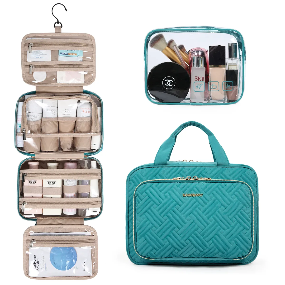 trousse toilette pvc turquoise géométrique bandes dorées poignée amovible compartiments zips voyage cosmétiques maquillage