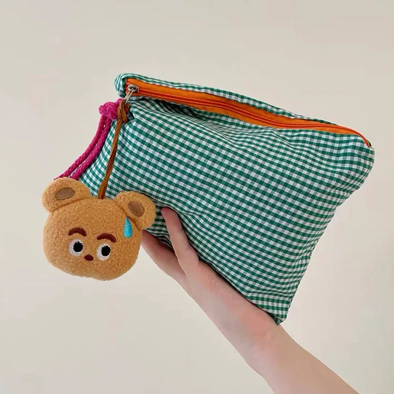 Sac de maquillage à carreaux avec fermeture éclair, pochette de rangement en coton, sac à cosmétiques de grande capacité, sac de rangement Portable pour femmes, sac à main Simple