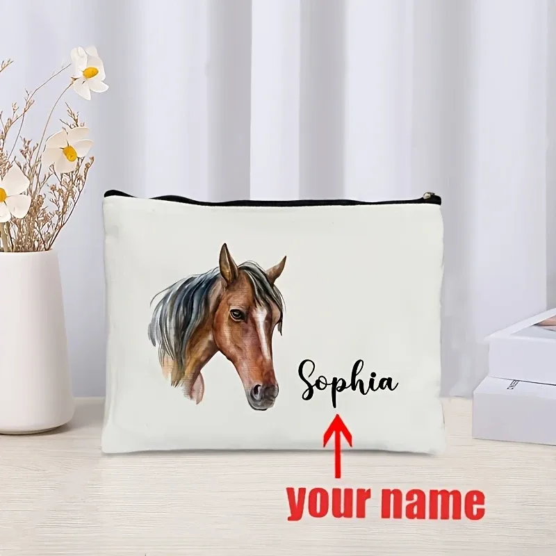 trousse de maquillage personnalisable à motif cheval, pochette cosmétique légère avec fermeture éclair, option de nom personnalisé
