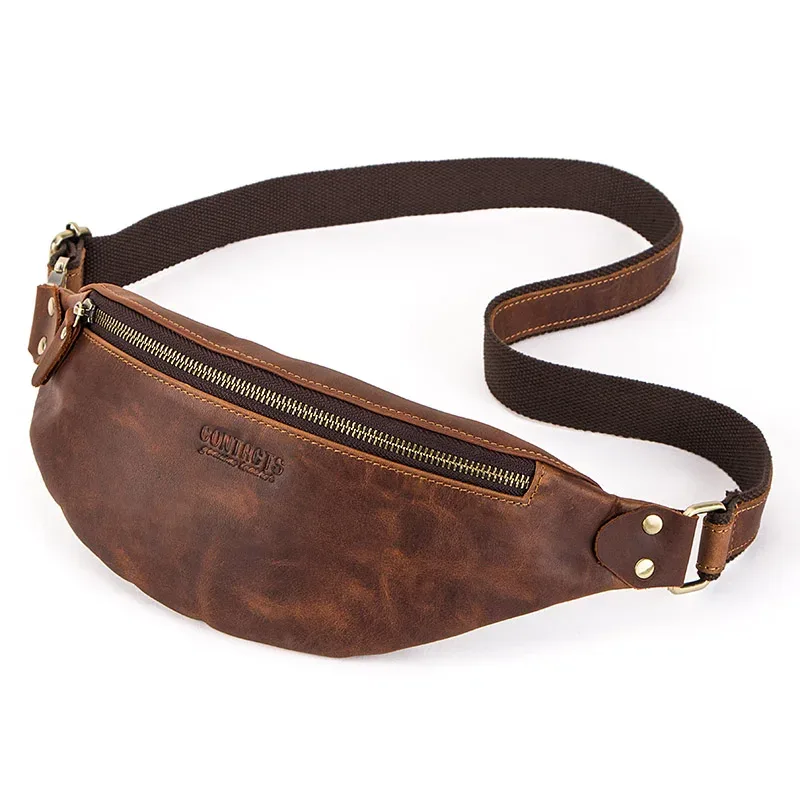 contact's – sacs de taille en cuir véritable crazy horse pour hommes, sac banane de voyage, sac à bandoulière simple pour téléphone, sacs de poitrine 2023