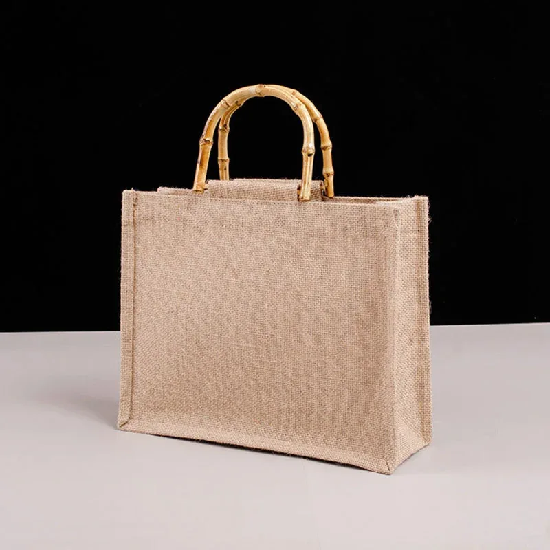 sac fourre-tout en toile de jute imperméable vintage, sacs en bambou, sac à main beige décontracté de grande capacité, sacs de plage portables, sacs d'évaluation de voyage
