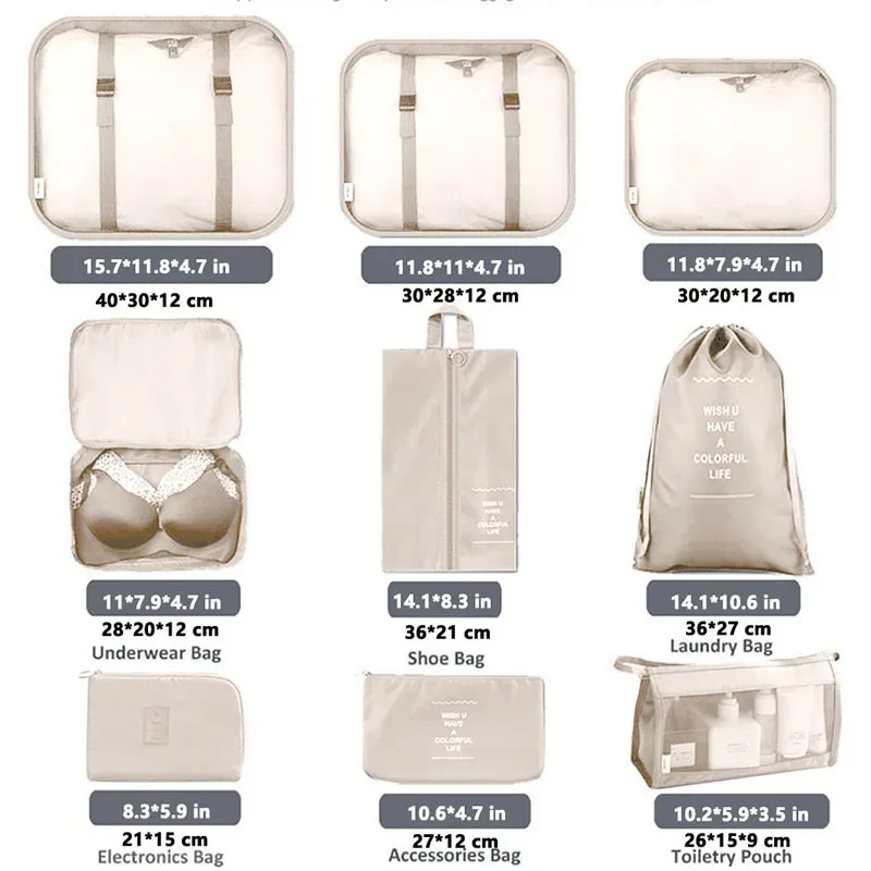 organisateur voyage polyester beige clair tissu imperméable poches maille transparente fermetures glissière poignées intégrées grande taille