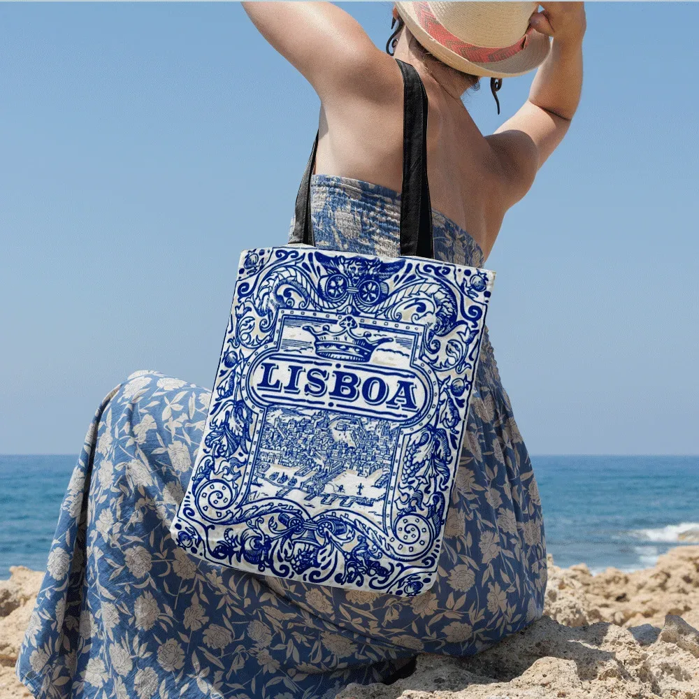 sac fourre-tout en toile motif carreaux de lisbonne bleu et blanc classique, sac à main écologique, cadeau original pour les fans de voyage au portugal