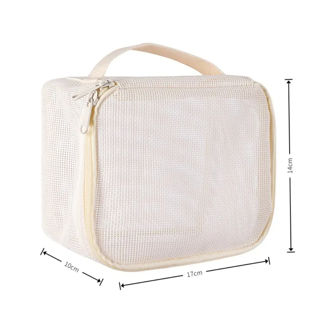 sac de maquillage en maille portable de grande capacité, sac de rangement de cosmétiques portatif de couleur unie, sac de rangement de toilette léger