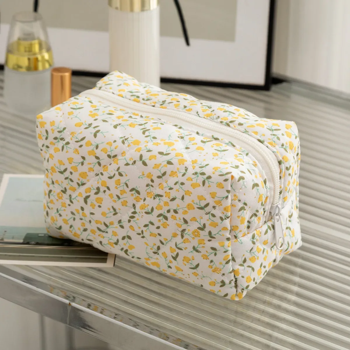 pochette de maquillage florale matelassée douce, pochette de voyage en coton portable, trousse de toilette à fermeture éclair, organiseur de rangement pour femmes