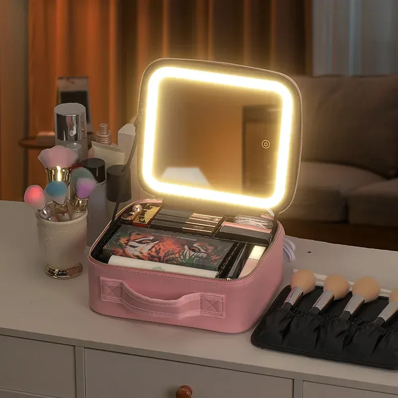 trousse de maquillage grande capacité avec miroir et lumière led, sac de retouche portable professionnel, style ins, couleur unie, autres matériaux