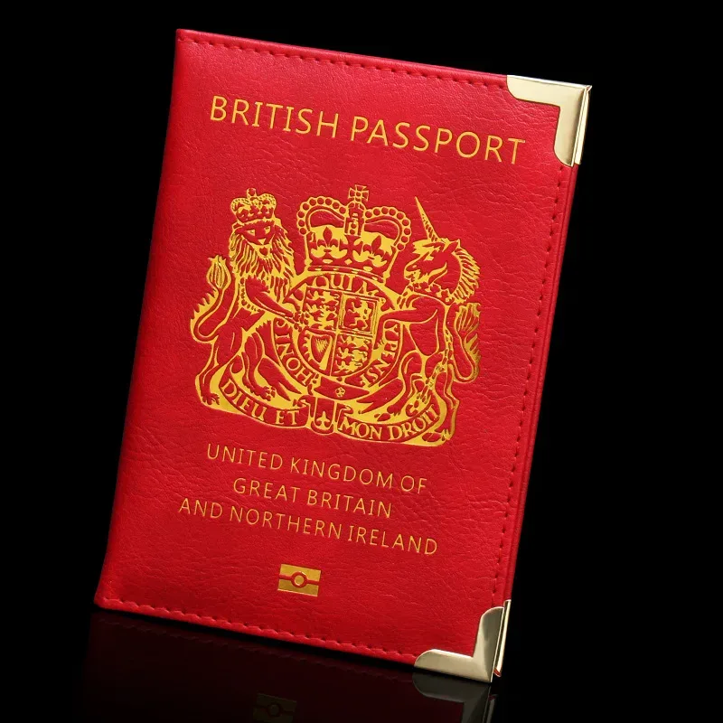 accessoires de voyage porte-passeport britannique avec pieds en cuivre, couverture de passeport en pu, portefeuilles d'angle en métal fin, porte-carte d'identité