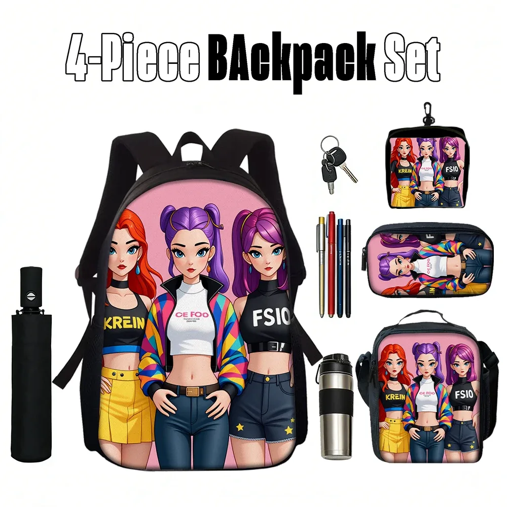 sac dos polyester dessin animes personnages stylisés fonds rose noirs accents couleurs vivantes transport journalier