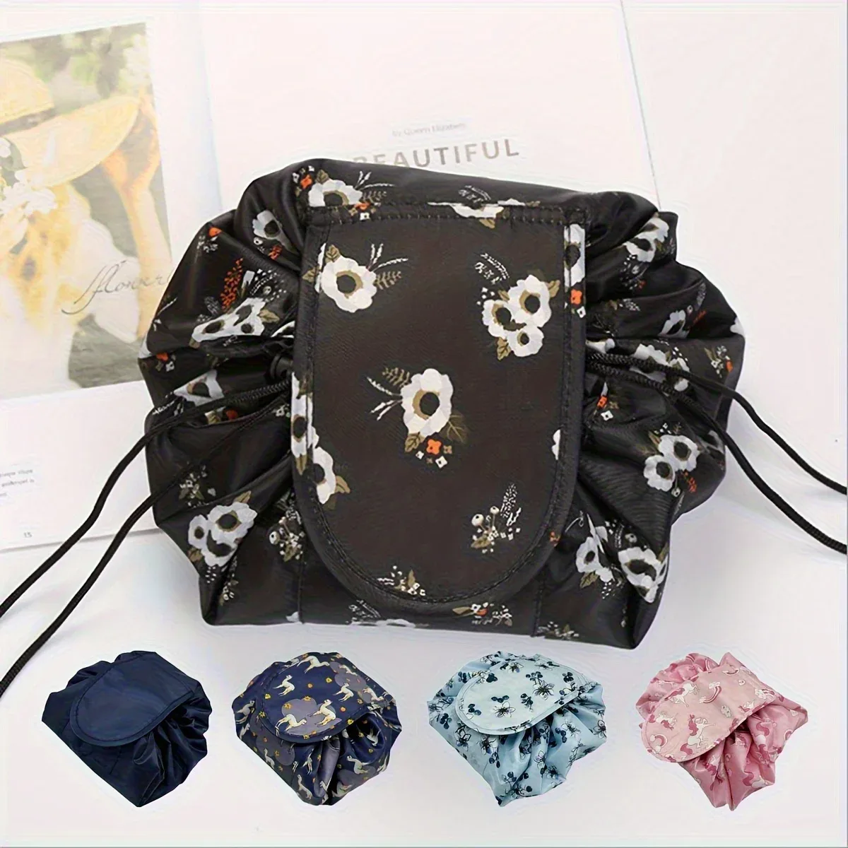 sac de rangement pour maquillage à cordon de serrage, cinq couleurs, tendance, sac de rangement portable pour voyage, ensemble de sacs de maquillage en une seule pièce