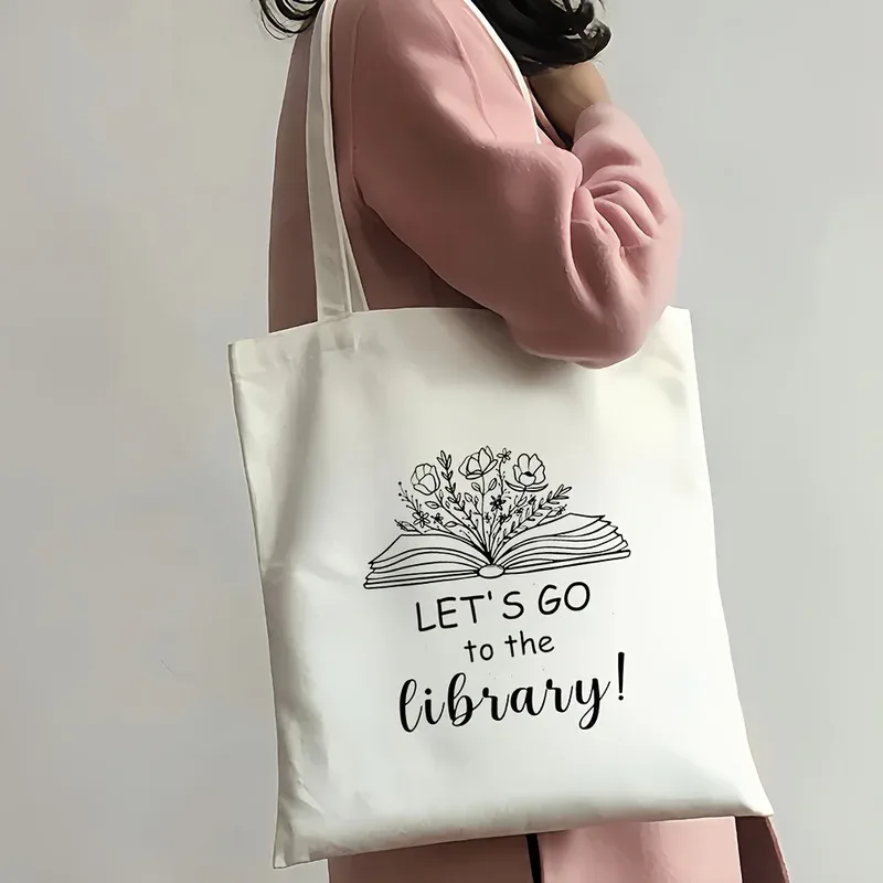 sac fourre-tout pour bibliothèque, sac léger en toile pour les amateurs de livres, motif livre ouvert et floral, sac de courses réutilisable blanc crème