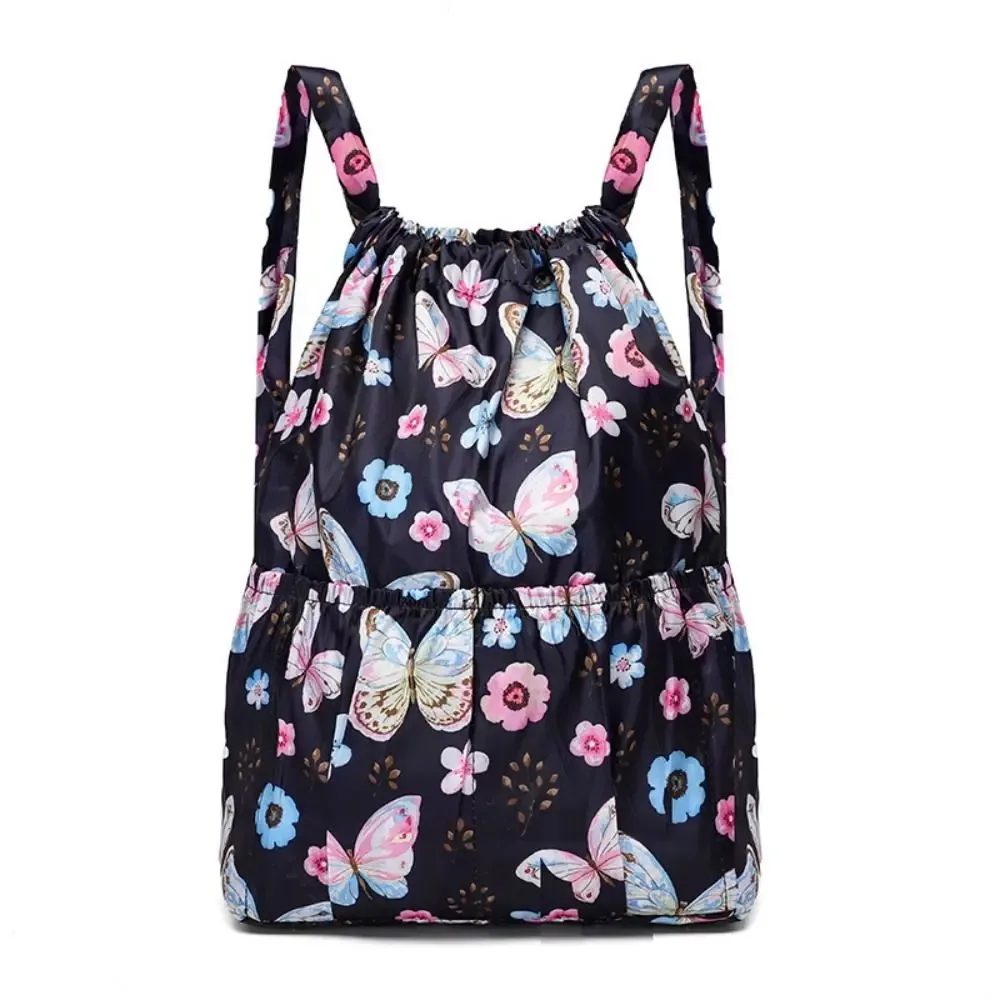 sac à cordon imprimé floral décontracté, sac de shopping portable en polyester imperméable, sacs à dos pliables légers pour adolescentes