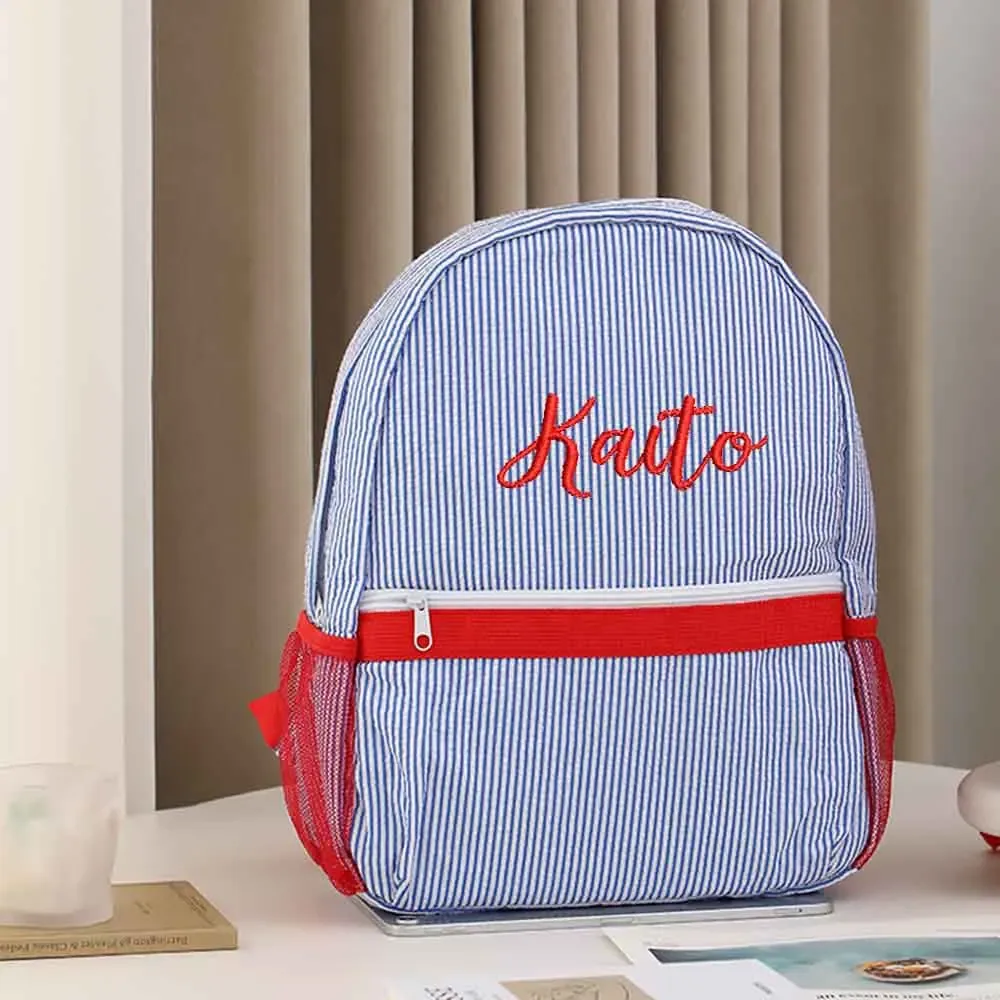 sac à dos en seersucker personnalisé avec monogramme couleur bonbon, sac à livres brodé pour enfants, cadeau unique pour les enfants