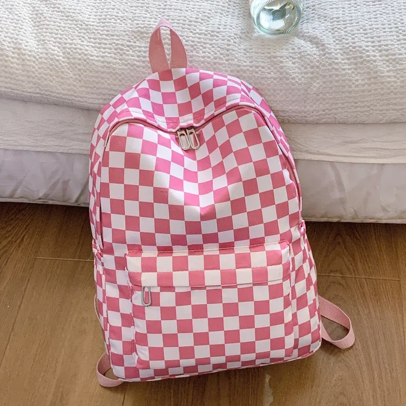 sac à dos pour ordinateur portable à motif damier pour femme, ensemble bandoulière imprimé tendance, multi-poches, bretelles réglables – indispensable pour les trajets sur le campus