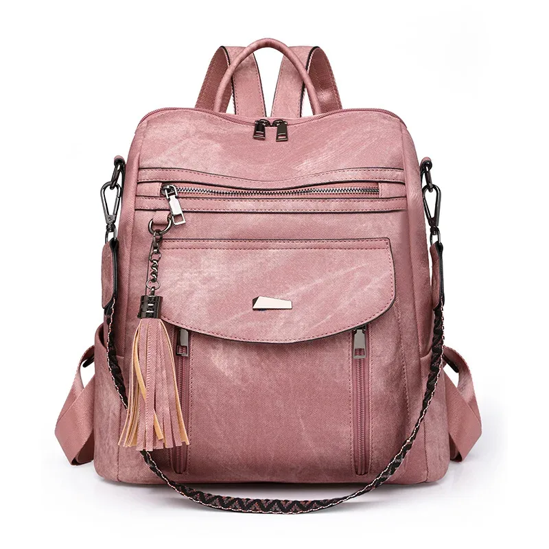 sac à dos en cuir pu pour femmes, étanche, antivol, grande capacité, détail pompon, rétro, voyage, affaires, collège, sac à bandoulière, 2025
