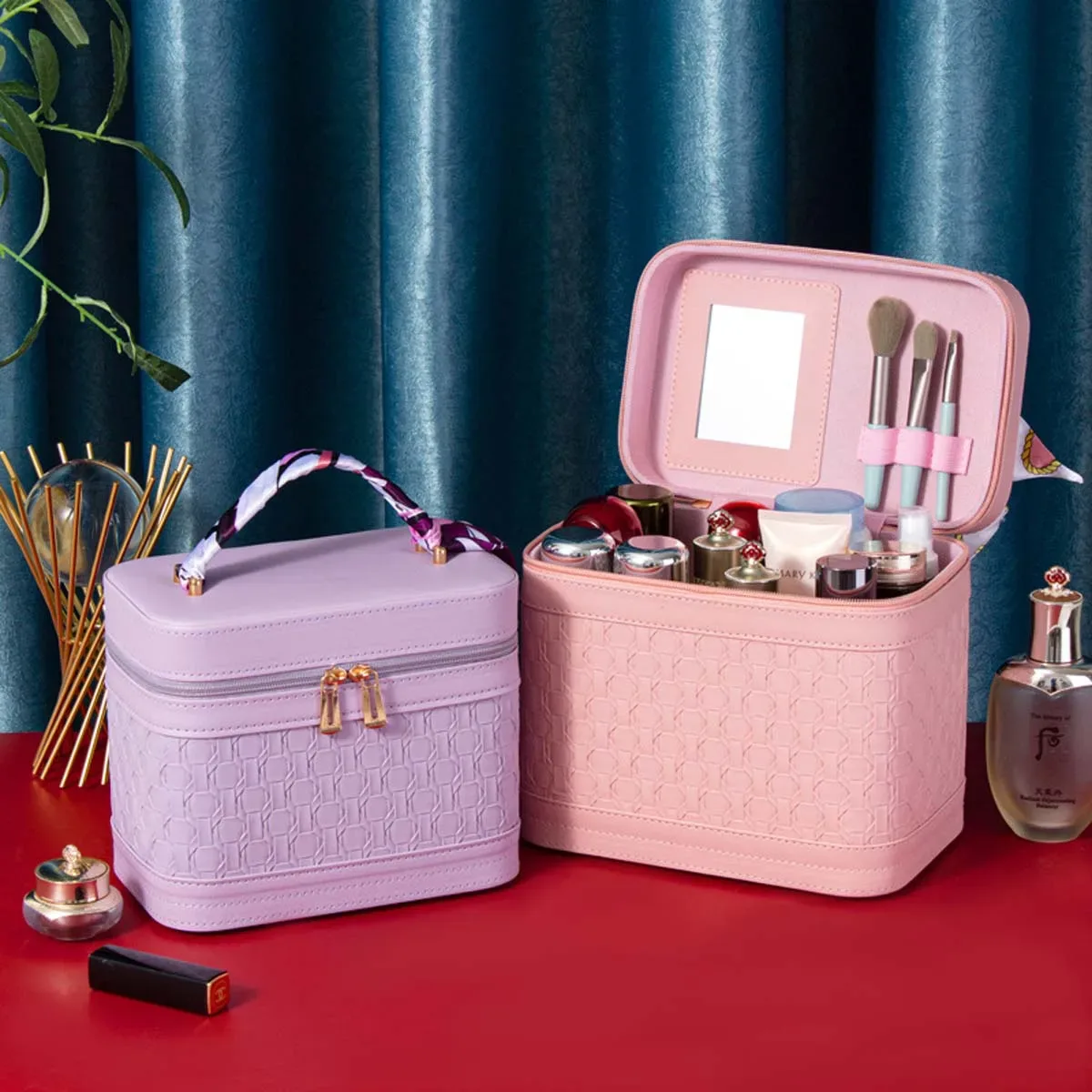 trousse de maquillage portable beauty master : boîte de rangement cosmétique de luxe avec foulard en soie offert