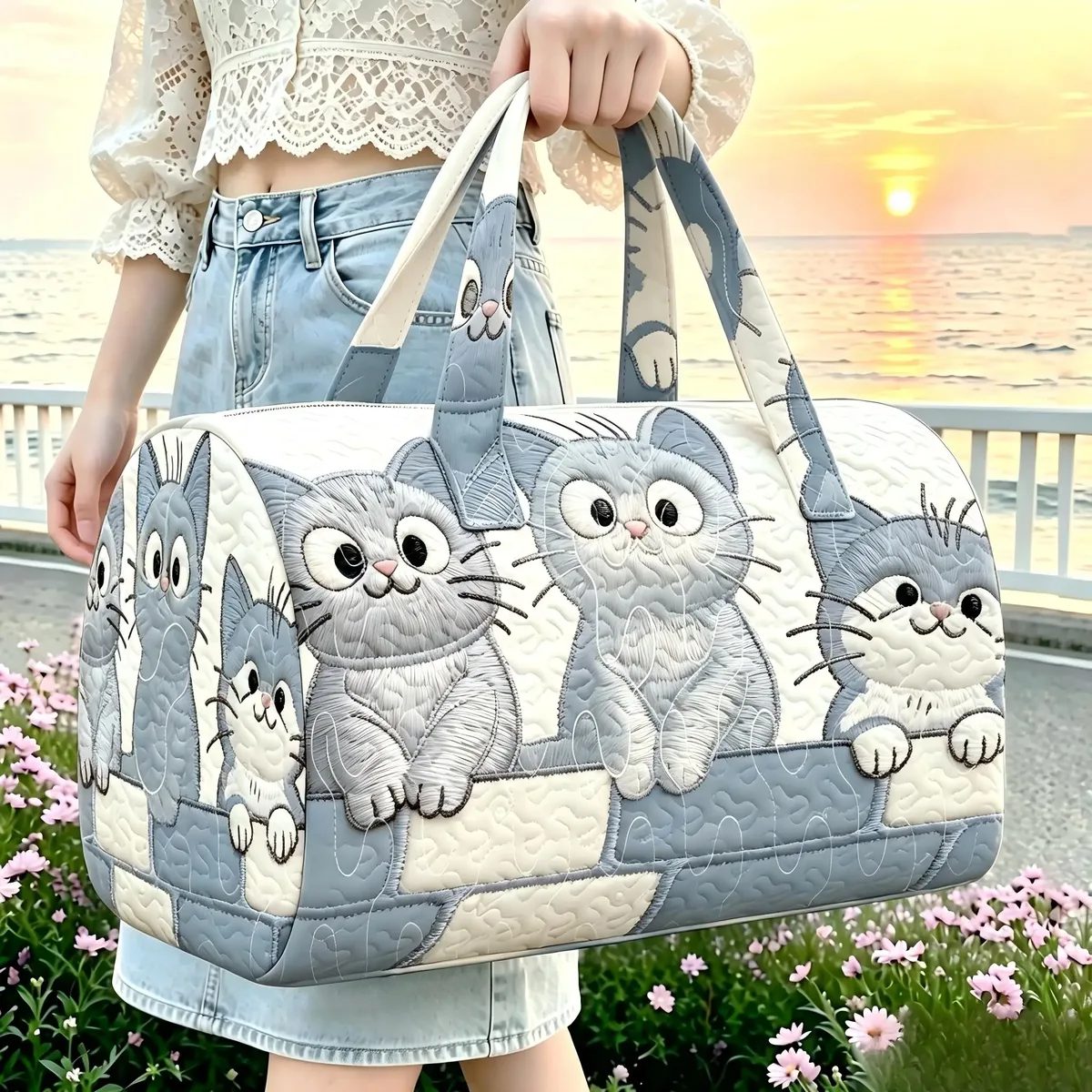 sac de voyage matelassé motif chaton mignon pour femme, sac à main de week-end, sac de sport portable, bagage cabine pour court séjour, sac fourre-tout