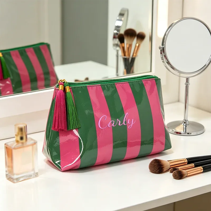 broderie personnalisée/2 options de style standard, pochette rayée, trousse de maquillage à fermeture éclair avec pompon délicat, saison rentrée scolaire, cadeau