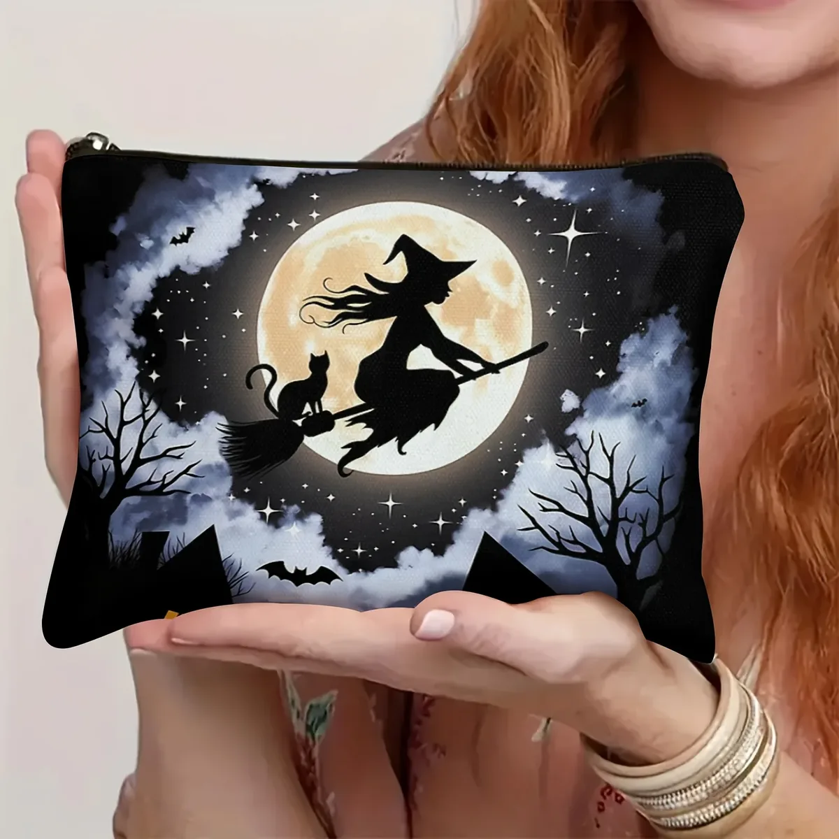 trousse de maquillage forêt enchantée sorcière et chat pleine lune – pochette cosmétique thème halloween effrayant avec chauves-souris, étoiles et motif pleine lune