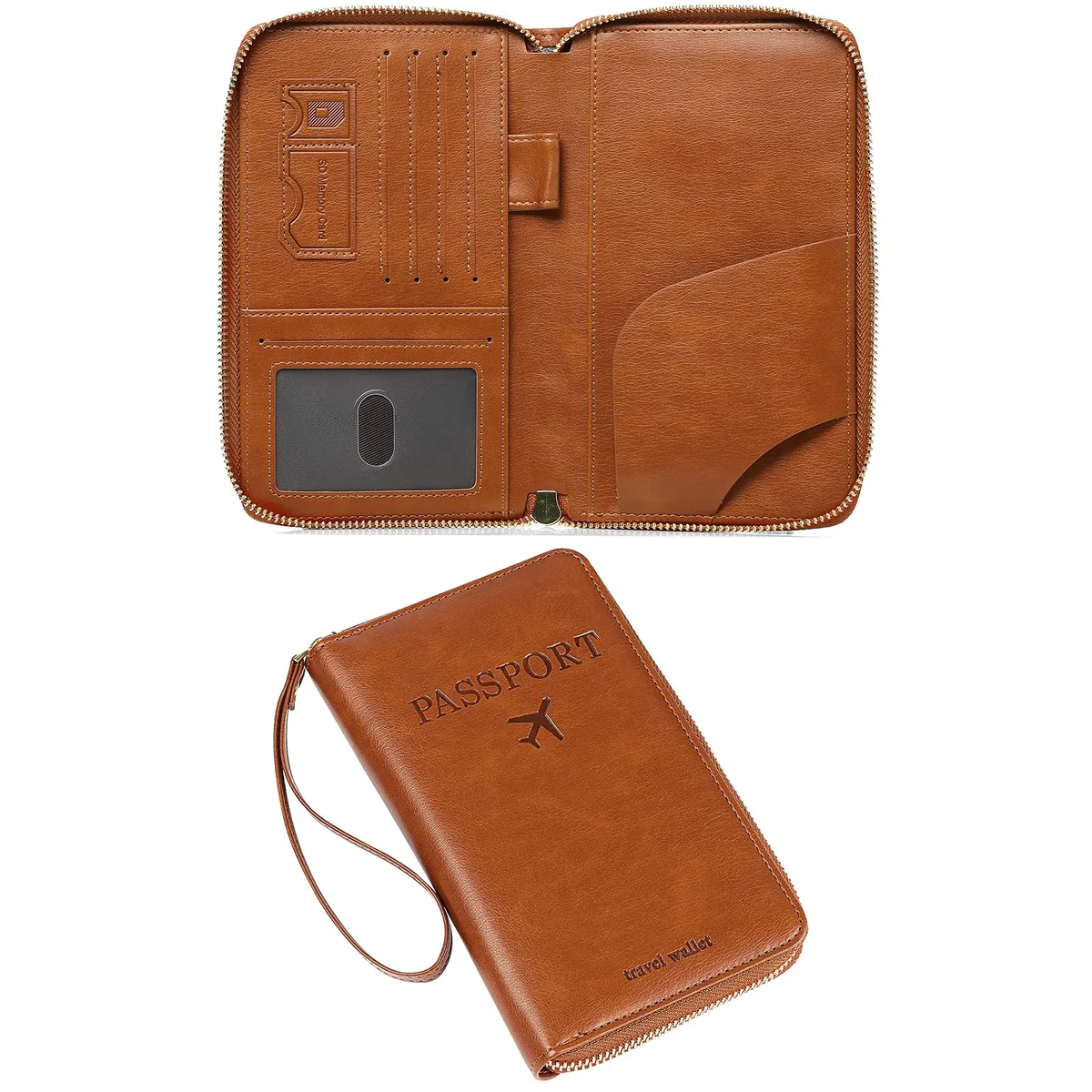portefeuille de voyage pour femme, étui de passeport en pu anti-rfid pour homme avec dragonne, plusieurs emplacements pour cartes et fenêtre d'identification