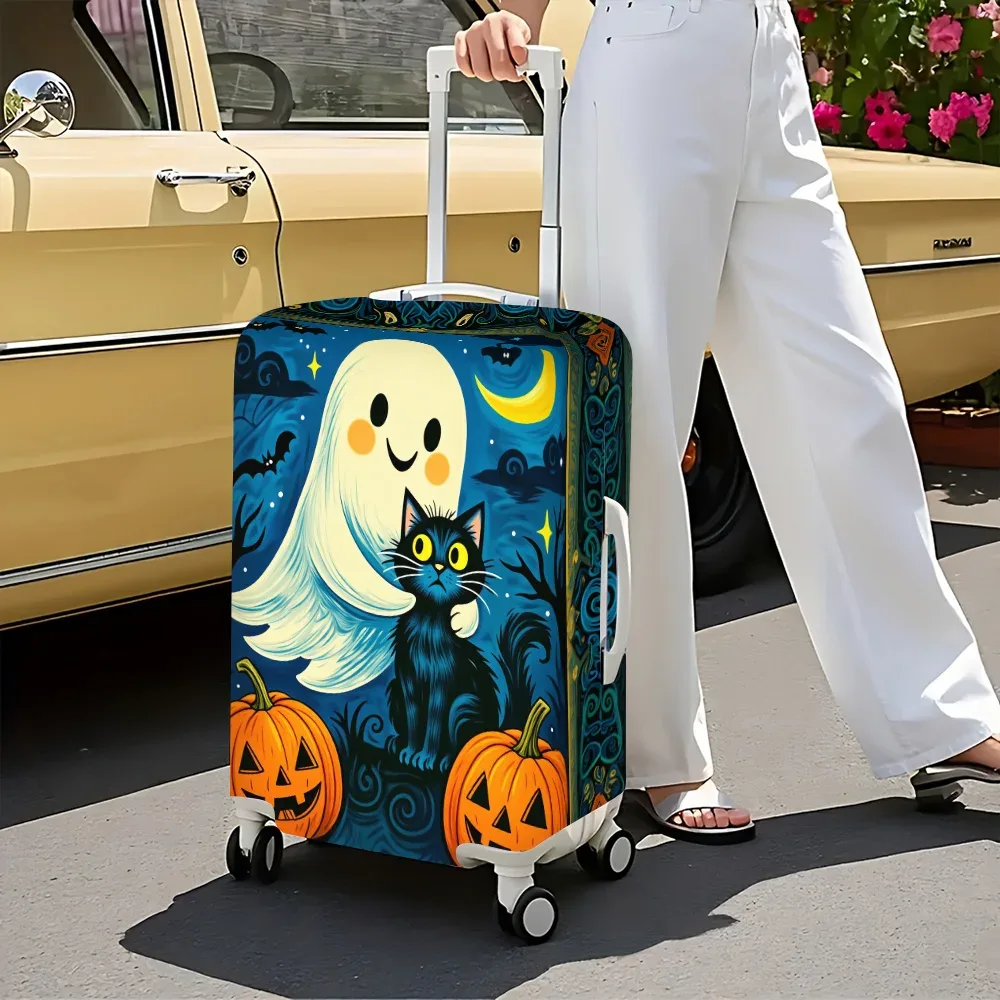 1 housse de bagage à imprimé fantôme et chat pour halloween, pour bagages de 18 à 32 pouces ; accessoires de voyage anti-poussière et élastiques pour une protection efficace