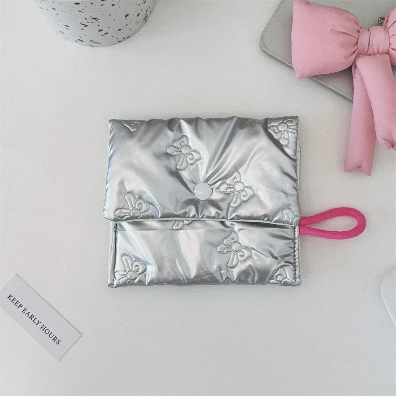 porte-monnaie à motif de nœud argenté pour femme, portefeuille pour écouteurs, pochette à fermeture éclair, trousse à cosmétiques en poudre, prédire
