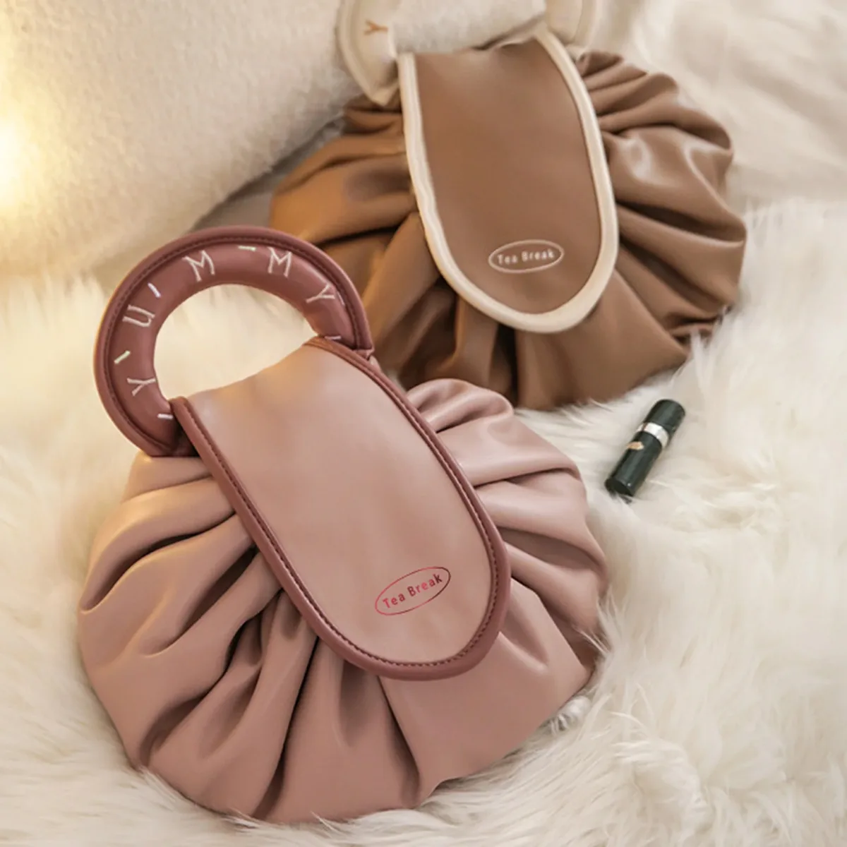 nouvelle trousse à cosmétiques avec cordon de serrage, pochette de maquillage portable avec poignée, organiseur de maquillage en pu grande capacité pour femmes