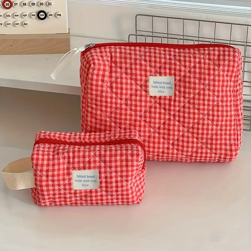 trousse de maquillage à carreaux, sac à cosmétiques portable de grande capacité pour femmes et filles, trousse de toilette de soins de la peau, pochette portefeuille multifonctionnelle mignonne