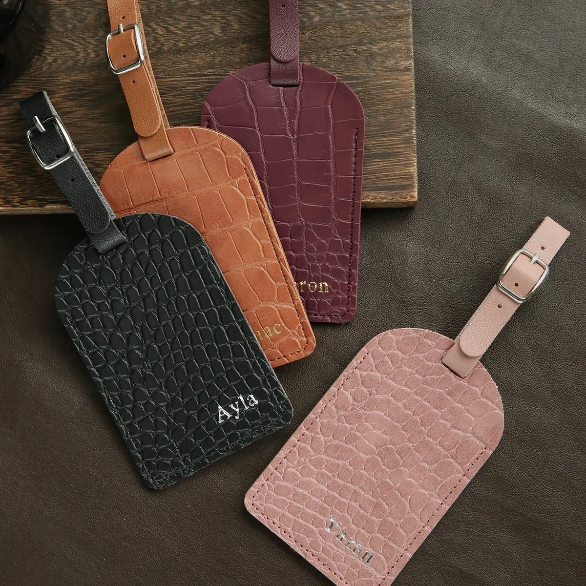 Étiquette de bagage personnalisée avec nom en estampe à chaud pour valises, monogramme doré, étiquettes de bagage en simili cuir de crocodile avec carte de nom confidentielle