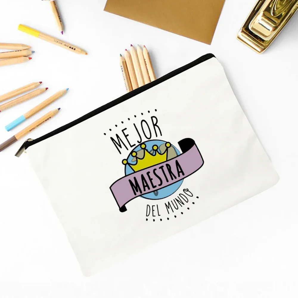 meilleur professeur du monde sac de maquillage imprimé espagnol nécessaire de voyage pochette de rangement d'articles de toilette sacs à crayons cadeau de diplômé pour enseignant