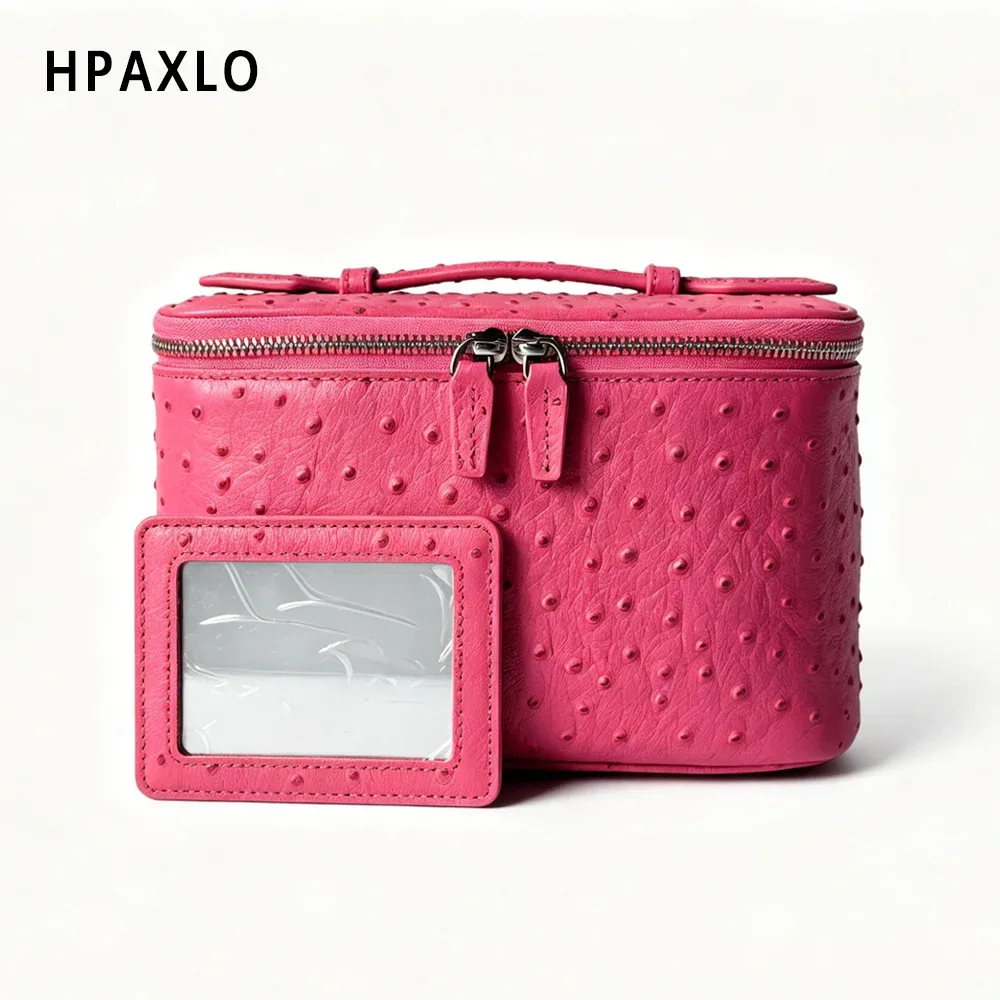 nouvelle trousse de toilette en cuir véritable à motif autruche pour femmes, grande capacité, organisateur de salle de bain de luxe