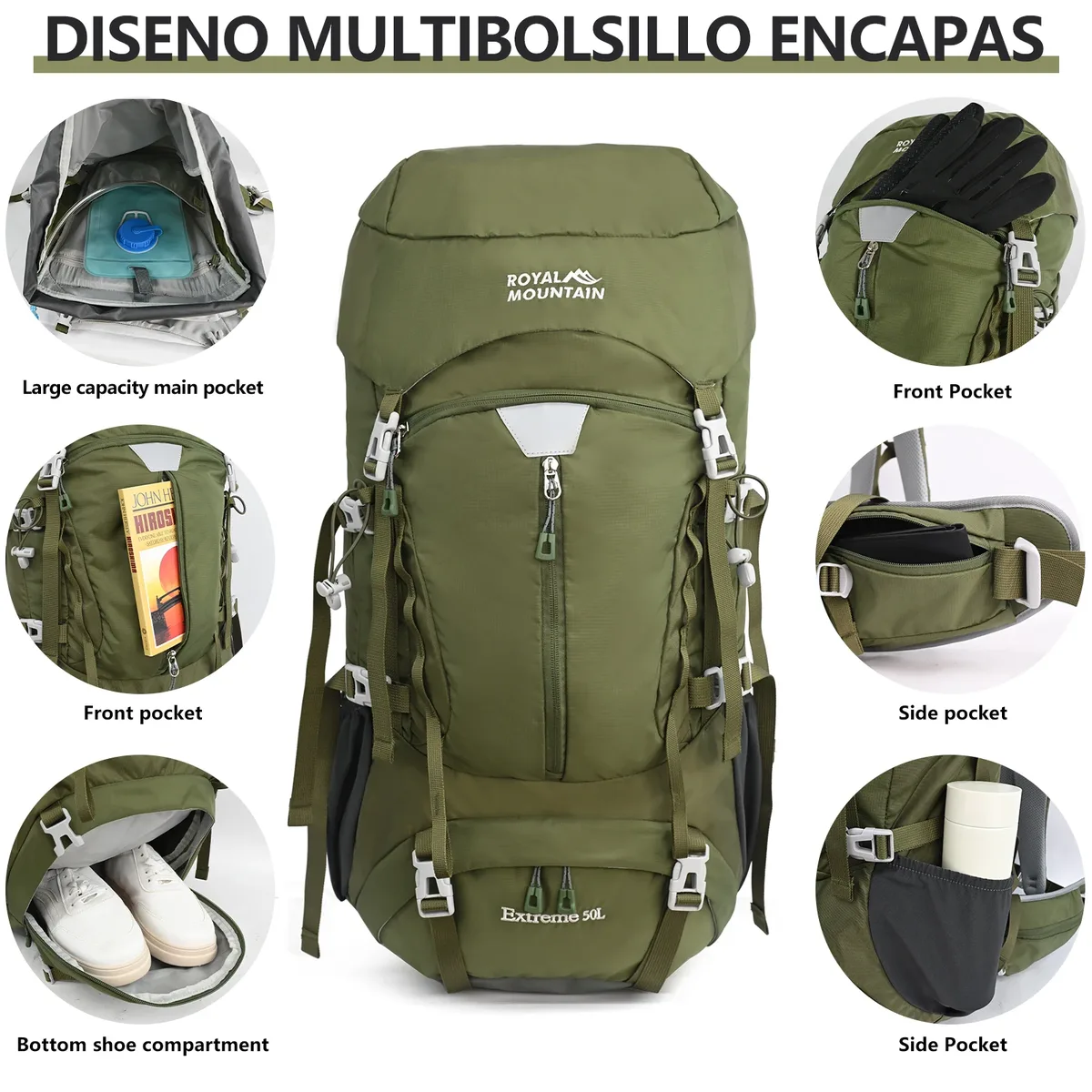 sac à dos d'escalade extérieur 50l, grande capacité, pour camping et voyage, multifonctionnel, en tissu résistant à l'eau avec housse de pluie